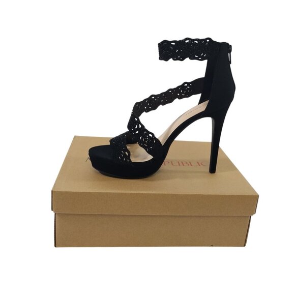 Black platform sandals with lace trim, stiletto heel, size 11, by Marc Republic - Picture 2 of 10